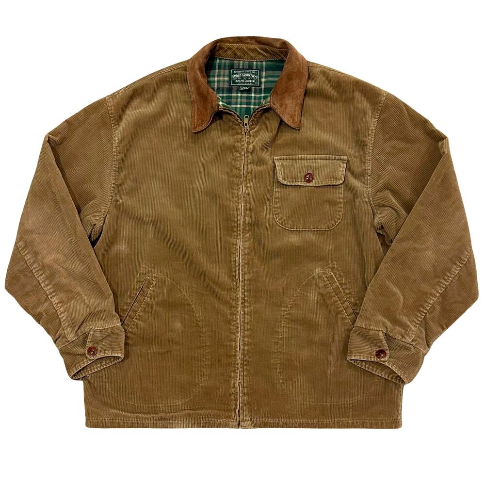 Polo Country Ralph Lauren Vintage Tan 9 Wale Corduroy Zip Jacket Mens Large USA